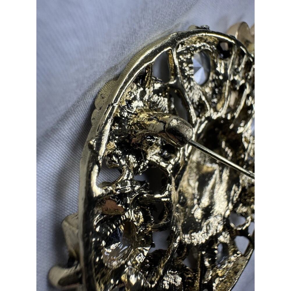 Lion Head Fleur De Lis Brooch Pin Gold Tone Multicolor Rhinestone Statement NEW - Picture 7 of 7